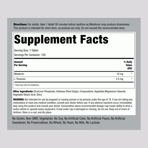 Vista 2 de Piping Rock Melatonina 10mg 120 tabletas con L-teanina Suplemento para dormir para adultos Fórmula extra fuerte Vegetariano, sin OMG, sin