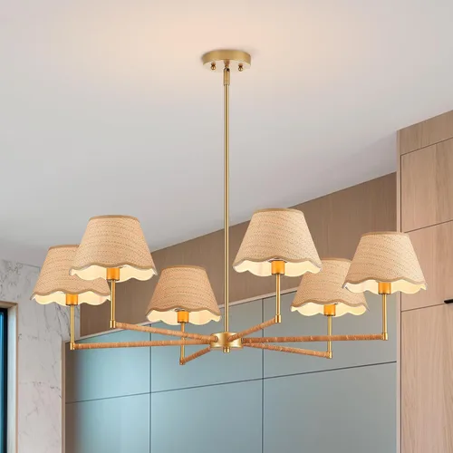 Vista 13 de Lámpara colgante de ratán bohemio de 31 pulgadas, 4 luces, rústica, ajustable, para cocina, isla, comedor, sala de estar, certificación UL Latón 4