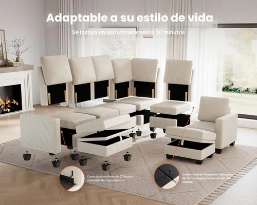 Vista 3 de CHIC HOUSE Sofá modular modular con otomanas de almacenamiento, sofá nube de pana para espacios pequeños y apartamentos, sofá esquinero convertible
