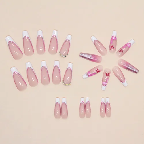 Vista 5 de Uñas largas a presión, uñas postizas cuadradas de punta francesa, uñas acrílicas, punta de ataúd, uñas adhesivas de cobertura completa, uñas
