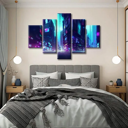 Vista 67 de Cuadros de 5 paneles de Cyberpunk City, arte de pared, representación de vallas publicitarias, edificios modernos en la capital con obras de arte