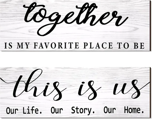 Vista 11 de Jetec 2 letreros de madera para pared del hogar, decoración de pared con texto en inglés "This Is Us", color gris antiguo