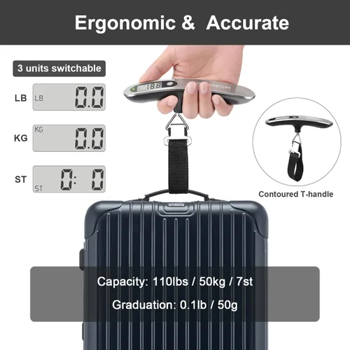 Vista 2 de BROMECH Báscula digital de equipaje, báscula de equipaje colgante de 110 libras, báscula de pesaje portátil de maleta de acero inoxidable, báscula