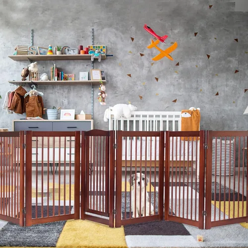 Vista 7 de PETSITE Puerta para perros configurable independiente con puerta de paso, 4 paneles de 88 pulgadas de ancho y 36 pulgadas de alto, puerta de madera