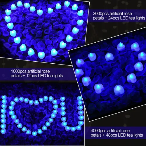 Vista 2 de KOABY 1000 piezas pétalos de rosa artificiales azules con kit de 12 luces LED azules de té, para decoración