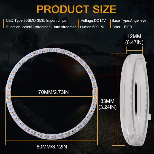 Vista 2 de Qasim 1 par de anillos de halo LED RGB de 80 mm con 30 SMD 3535, ojos de ángel para motocicleta y coche, luz DRL, luz antiniebla, señal de giro