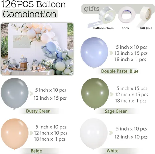 Vista 2 de Guirnalda de Globos Verde Azul Polvoriento – Globos de Doble Relleno Azul Bebé Verde Salvia Blanco Nude para Kit de Arco de Globos de Oso – Perfecto