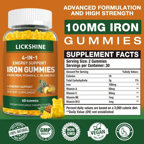 Vista 3 de Paquete de 2 gomitas veganas de suplemento de hierro de 100 mg para mujeres y hombres, con vitamina C, A, B para adultos y niños, apoyo energético