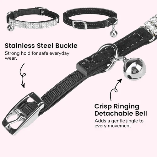 Vista 4 de BINGPET collar ajustable para gatos, de terciopelo suave, seguro, collares Bling diamante con cascabel, Adjustable, Negro Negro