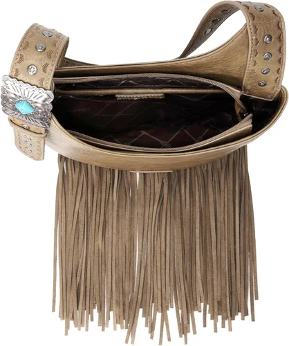 Vista 4 de Wrangler - Bolso de cuero con flecos para mujer, bolso hobo occidental, color turquesa, bolso de hombro