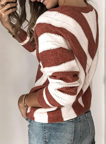 Vista 2 de Dokotoo Suéter de punto para mujer, diseño de rayas, cuello en V, con bloques de color, ajuste holgado