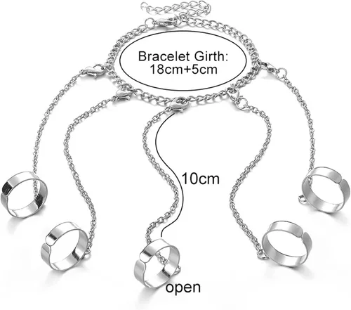 Vista 2 de Pulsera de metal con anillo de dedo para mujer, pulsera de anillos de dedo de cadena, pulsera punk con borla y anillo, cadena ajustable, arnés