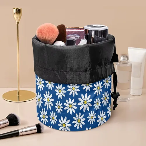 Vista 5 de Poceacles Bolsas de maquillaje con cordón para mujer, bolsa de cosméticos de viaje, multifuncional, bolsa de almacenamiento, Margarita azul