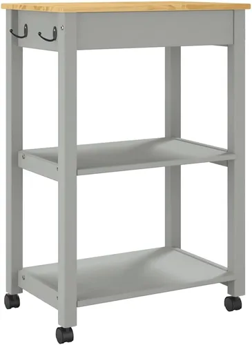 Vista 6 de Solid Wood Pine Kitchen Trolley with Drawer 23.6x15.7x34.8 Inches 4 Wheels With 2 Lockable, Side Hanger And Metal Hooks, 2 Open Shelves, For Kitchen