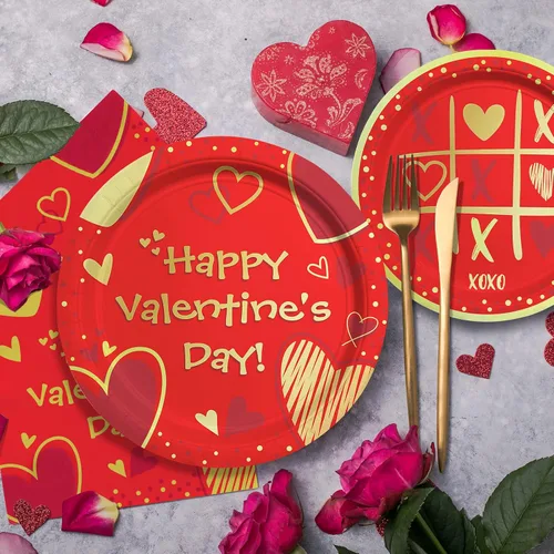 Vista 3 de Suministros para fiesta del día de San Valentín, platos de papel desechables con corazón rojo, servilletas para el día de San Valentín, compromisos