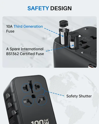 Vista 6 de DOACE - Adaptador de viaje universal GaN de 100 W con cable USB-C 6-in-1 Design, USB-C PD Fast Charging, European Plug Adapter Works in 200+