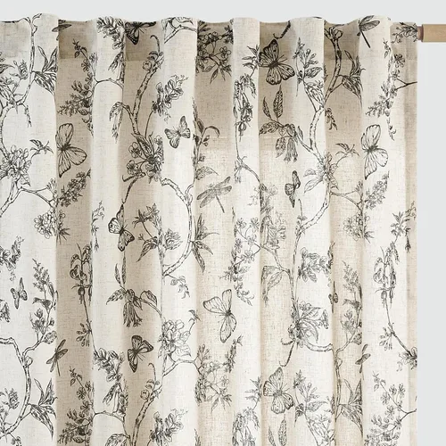Vista 16 de JINCHAN Cortinas florales de lino para sala de estar, cortinas negras de estilo granja francesa de campo, cortinas de 63 pulgadas de largo, cortinas