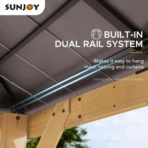Vista 6 de Kiosco con techo rígido Sunjoy de 9 x 9 pies. Gazebo de madera con estructura de cedro mejorado con techo de acero marrón y policarbonato a dos