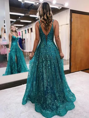 Vista 3 de Alikey Vestidos largos de encaje con lentejuelas y tirantes delgados, vestidos de noche con abertura y hombros descubiertos para mujer