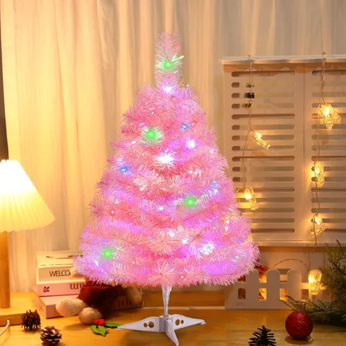 Vista 8 de Árbol de Navidad artificial de 2 pies con luces, árbol de Navidad de mesa rosa iluminado con soporte de plástico, funciona con pilas, mini árbol