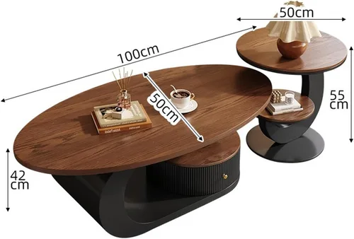 Vista 3 de Juego de mesa de centro ovalada moderna de 2 piezas, mesas de centro anidables con almacenamiento, mesa auxiliar con marco de metal, mesa de centro