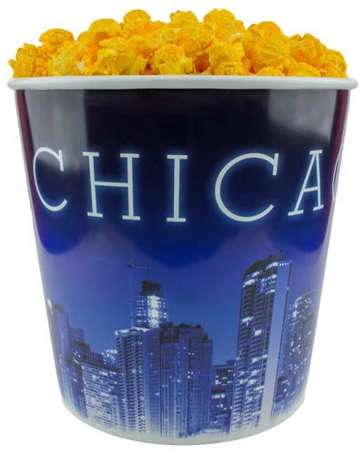 Vista 2 de Signature Popcorn - Cubo de plástico reutilizable gourmet de 1 galón Blue Chicago Skyline - Palomitas de maíz de queso cheddar - Regalo