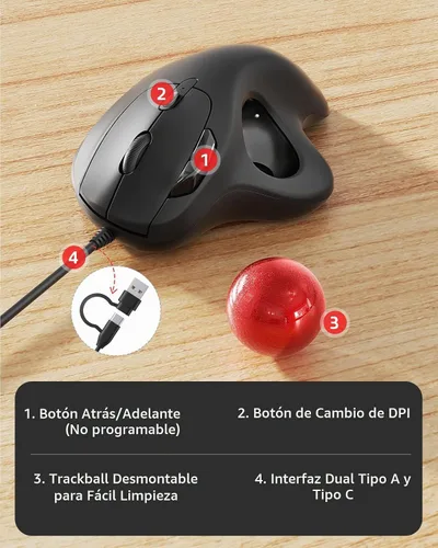 Vista 6 de Ratón Nulea M509 Trackball con cable, diseño ergonómico, fácil control con el pulgar, seguimiento preciso y suave, interfaz 2-en-1