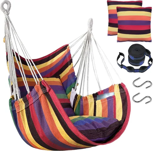 Vista 8 de Halalona Silla Hamaca Colgante Silla Hamaca Colgante Columpio de Cuerda 2 Cojines Incluidos - Hamaca Columpio Resistente y Duradera de Algodón Suave