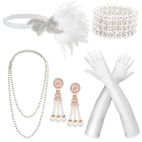 Vista 12 de DRESHOW Juego de accesorios del Gran Gatsby de los años 20 para mujer, accesorios de disfraz de flapper, diadema de plumas, juego de accesorios de 1