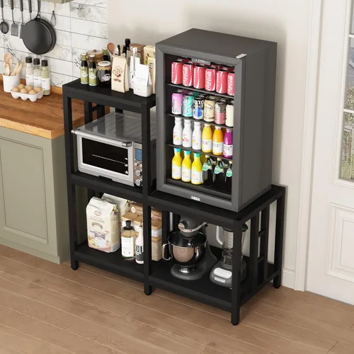 Vista 7 de Mini soporte para refrigerador con almacenamiento, gabinete negro para barra de café con espacio para mini refrigerador, soporte para microondas
