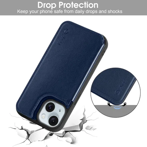Vista 6 de Arae Funda para iPhone 15 [6.1 pulgadas] - Funda tipo cartera con bolsillos para tarjetas de piel sintética con tapa trasera para iPhone 15 de 6.1
