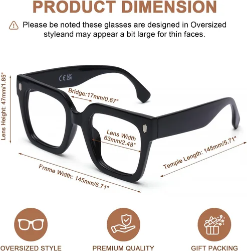 Vista 3 de AQWANO Oversized Square Reading Glasses Women, Blue Light Blocking Computer Glasses, 3-Pack Fashion Large Frame Readers