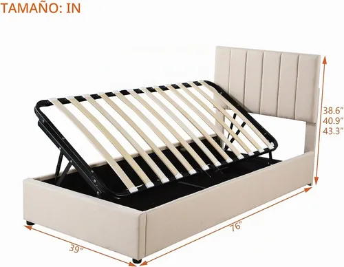 Vista 2 de Harper & Bright Designs Base de cama con plataforma de almacenamiento elevable de tamaño individual con cabecera capitonada de canal vertical Beige