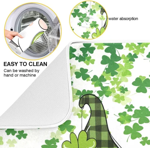 Vista 2 de Tapete de secado de platos de gnomos del día de San Patricio para encimera de cocina, tréboles, tapete de secado de microfibra, absorbente