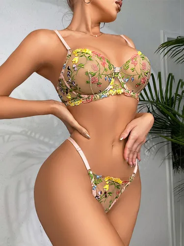 Vista 4 de Kaei&Shi Vibrante bordado, con aros, tanga ajustable, lencería sexy de 2 piezas