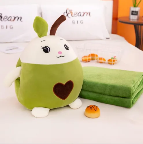 Vista 2 de YUDONG Juego de manta y almohada de viaje para niños, adorable almohada multifuncional 3 en 1 de felpa de frutas con diseño de calentador de manos