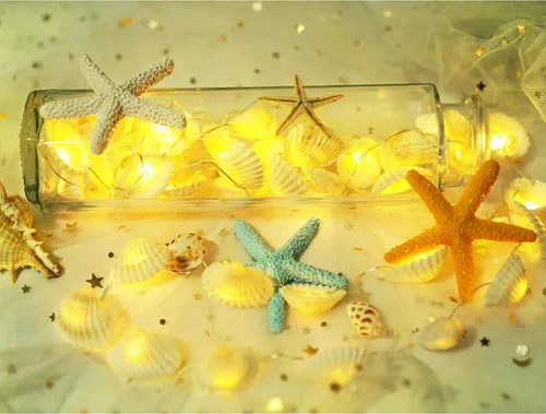 Vista 5 de Conchas marinas naturales, guirnalda de luces de 40 LED, decoración de playa, USB, con 8 modos, control remoto, impermeables, luces de hadas