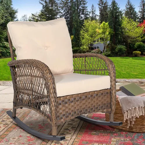 Vista 7 de Mecedora de mimbre para exteriores, silla mecedora de ratán para patio con marco de acero, silla mecedora para césped, muebles de patio, mimbre Beige