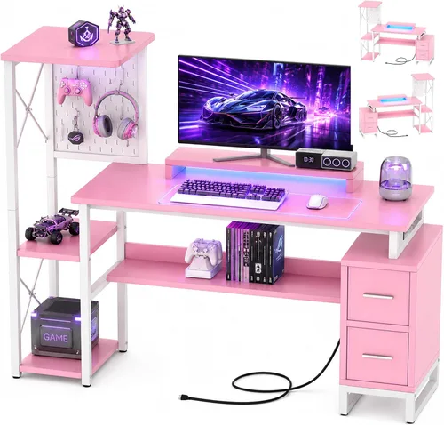 Vista 10 de Escritorio para computadora con 2 cajones de tela - Escritorio reversible de oficina en casa con toma de corriente y luces LED, escritorio