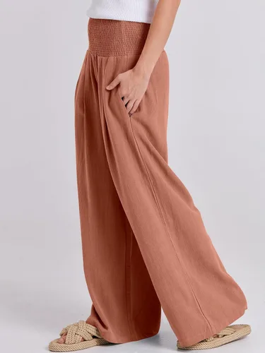 Vista 7 de Caracilia Pantalones palazzo de lino para mujer, estilo bohemio, pierna ancha, cintura alta, fruncidos, informales, con bolsillo