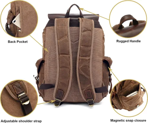 Vista 4 de HuaChen Mochila vintage de lona encerada con solapa de cuero genuino, mochila de viaje y trabajo, mochila resistente al agua con bolsillo antirrobo