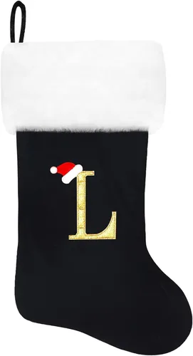 Vista 70 de Calcetines de Navidad bordados de 20 pulgadas con monograma, terciopelo negro con puño de felpa blanca supersuave, adornos clásicos para decoración