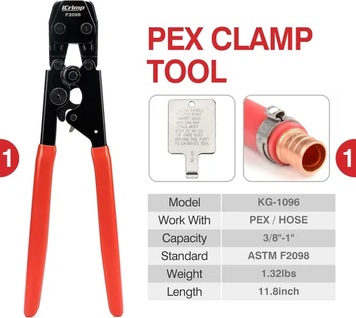 Vista 2 de iCRIMP KIT-1096D Kit de herramientas de abrazaderas de cincha PEX para abrazaderas de cincha PEX de 3/8 a 1 pulgada, con 20 piezas de anillos