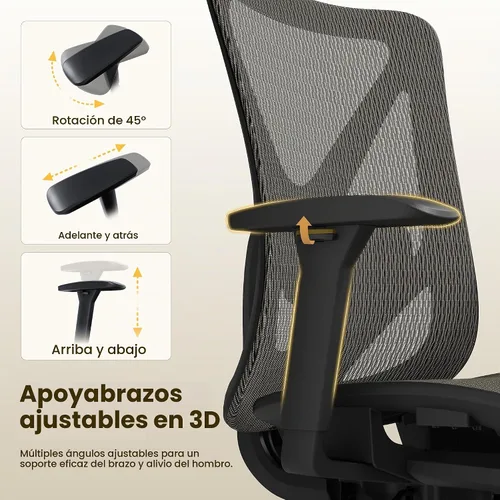 Vista 6 de Silla de oficina ergonómica, sillas de escritorio de malla para computadora con certificación BIFMA X5.1, soporte lumbar ajustable, brazo 3D