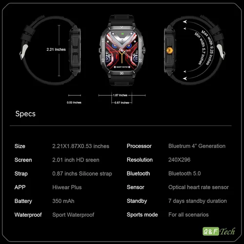 Vista 7 de Q&F Tech Reloj deportivo inteligente C50Pro para monitor de fitness y salud, incluyendo presión arterial y oxígeno/frecuencia
