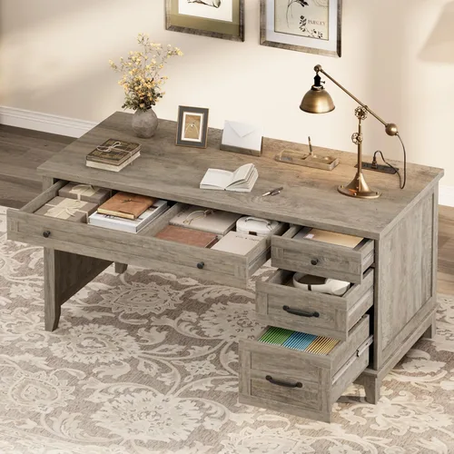 Vista 10 de CABIHOME Escritorio de oficina de granja con estación de carga y cajón de archivos, escritorio de madera para computadora de 53.5 pulgadas