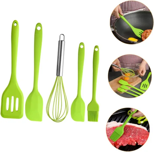 Vista 5 de TOYANDONA 5pcs Silicone Baking Utensil Set Non-stick Kitchen Cooking Tools Heat Resistant Green Household Kitchenware with Stainless Steel Handles