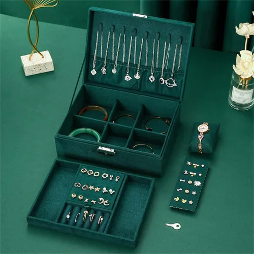 Vista 3 de Joyero portátil de viaje de doble capa con terciopelo verde organizador de exhibición para aretes collar y anillo color verde