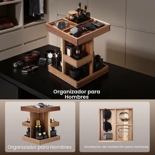 Vista 4 de EXIN DECHEN - Organizador de colonia para hombres, soporte de colonia, estante de perfume de madera de 3 niveles con rotación, organizador
