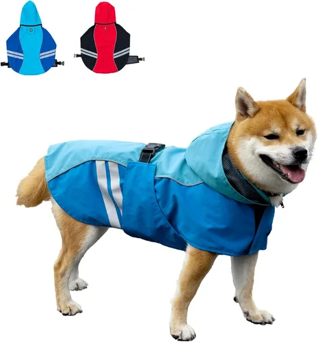 Vista 6 de Impermeable para perros medianos, grandes y extragrandes, chaqueta impermeable con correa reflectante, sudadera ligera, cobertura de cuerpo Rojo